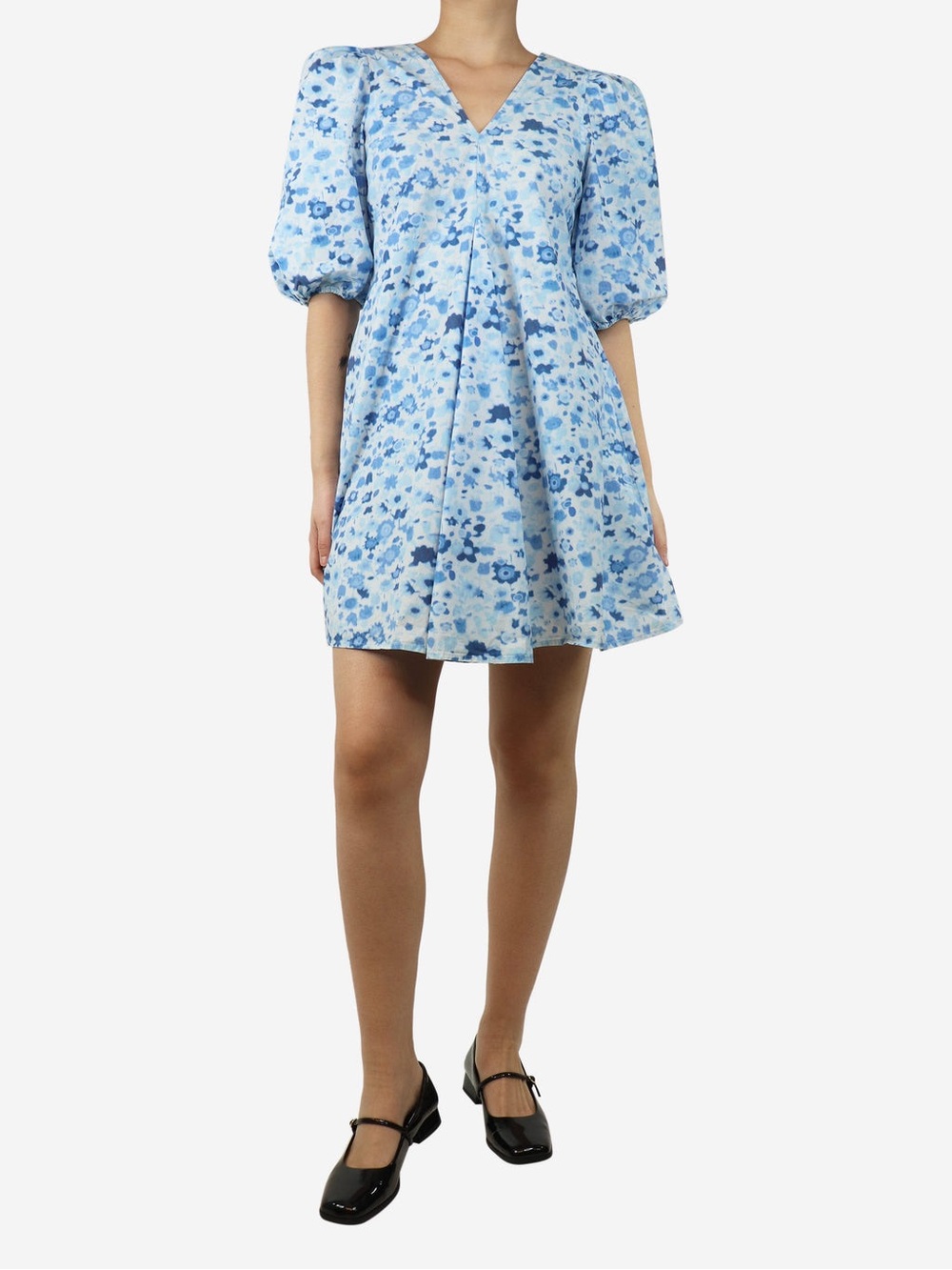 Ganni Light Blue Floral Puff-Sleeve Mini Dress